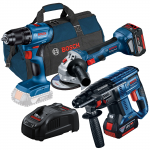 BOSCH Kit 3 scule 18V Ciocan rotopercutor (GBH 180-LI) Li-Ion, 18V, 2J + Mașină de găurit și înșurubat (GSR 185-LI + Valiză) Li-Ion, 18V, 50Nm + Polizor unghiular (GWS 180-LI) Li-Ion, 18V, 125 mm