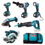 MAKITA DLX6046 Kit 6 scule (DHP458Z + DTD152Z + DGA452 + DJR186Z + DSS610Z + DML802), cu 3 acumulatori Li-Ion, 18V, 5Ah + Incarcator + Geanta textil